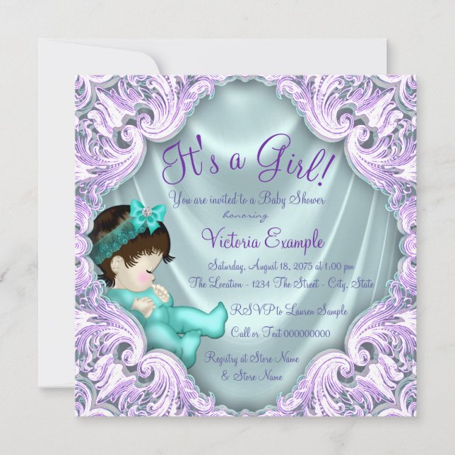 Invitation Baby Shower Lavande et Turquoise (Devant)