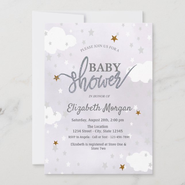 Invitation Baby Shower Lavande Étoiles et Nuages (Devant)