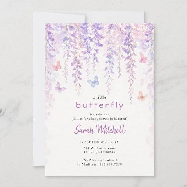 Invitation Baby Shower Lavande Papillon Bébé Fille (Devant)