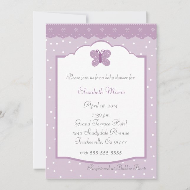 Invitation Baby Shower Lavande Papillons et Points Baby Showe (Devant)