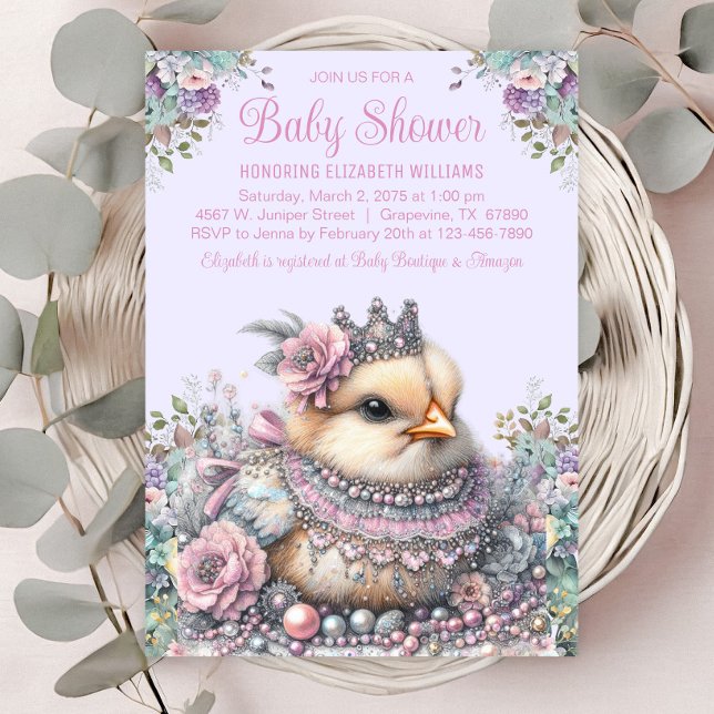 Invitation Baby shower Lavender Chick (Beautiful little chick with crown and jewels on a pastel floral background. )