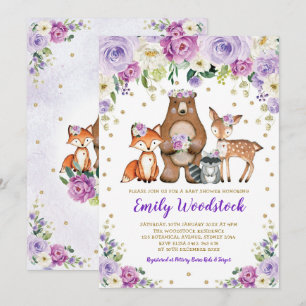 Invitation Baby shower Lavender Gold Floral Woodland Animaux