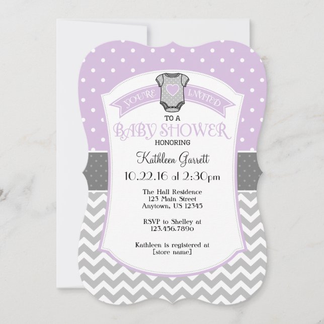 Invitation Baby shower Lavender Grey Polka Dot Che (Devant)