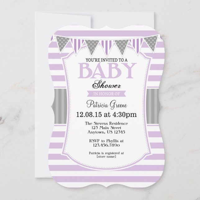 Invitation Baby shower Lavender Grey Stripes (Devant)