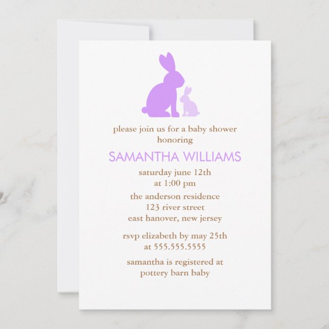 Invitation Baby shower Lavender Maman et Baby Rabbit (Devant)