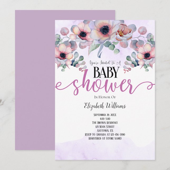 Invitation Baby shower Lavender Mint Rose Fleurs (Devant / Derrière)