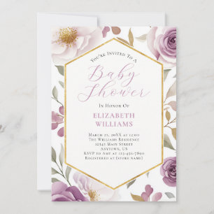 Invitation Baby shower Lavender Purple Gold Roses Peonies