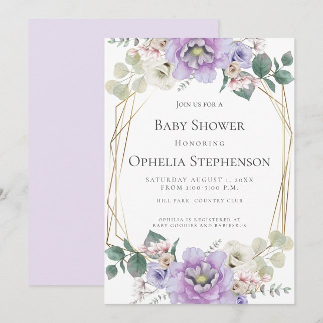 Invitation Baby shower | Lavender Watercolor Flowers (Devant / Derrière)