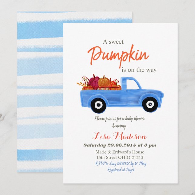 Invitation Baby shower Le garçon bleu Citrouille est en route (Devant / Derrière)