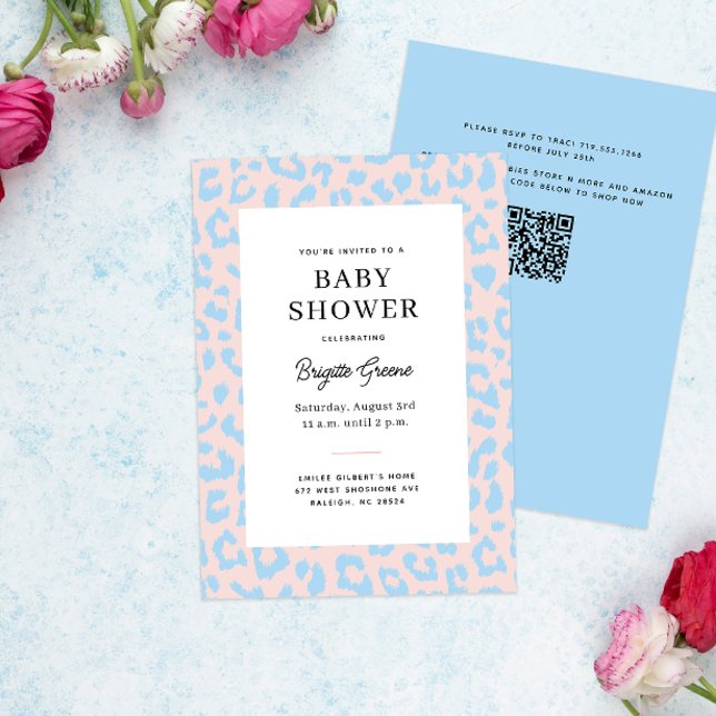 Invitation Baby shower léopard rose et bleu (pastel pink and blue leopard print gender reveal baby shower invitation)