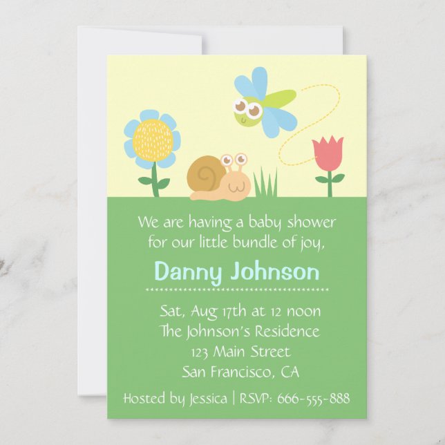 Invitation Baby Shower : Libellule et escargot mignons dans u (Devant)