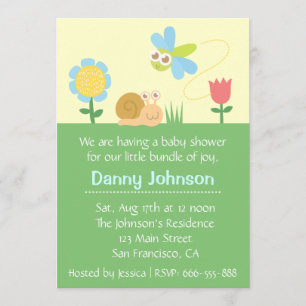 Invitation Baby Shower : Libellule et escargot mignons dans u
