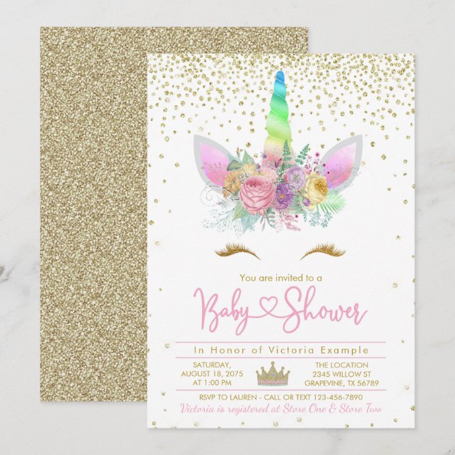 Invitation Baby Shower Licorne Arc-en-ciel (Devant / Derrière)