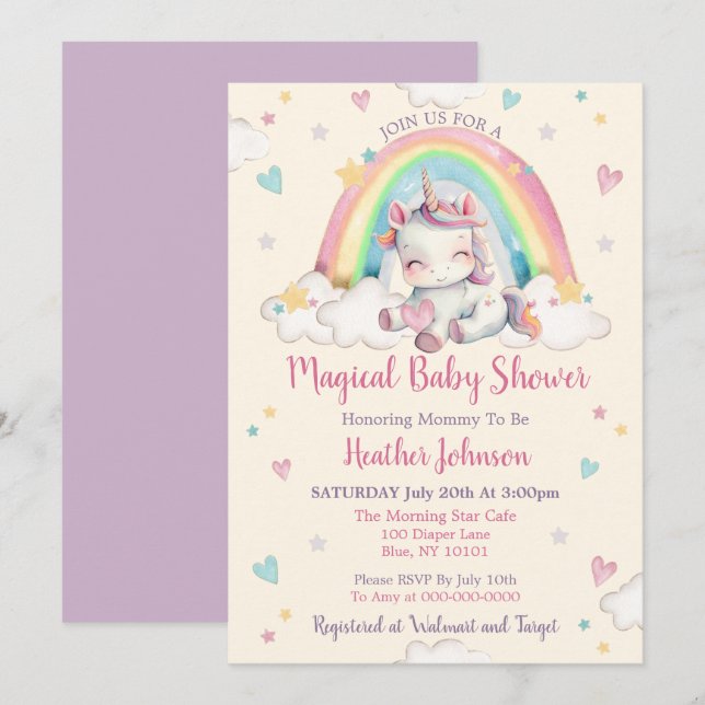 Invitation Baby Shower Licorne Arc-en-ciel Pastel (Devant / Derrière)