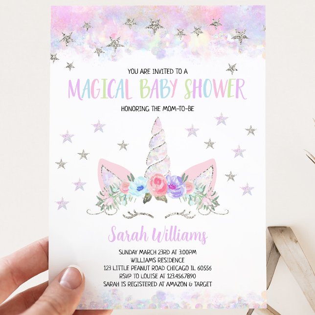 Invitation  Baby Shower Licorne Argent Violet (Créateur téléchargé)