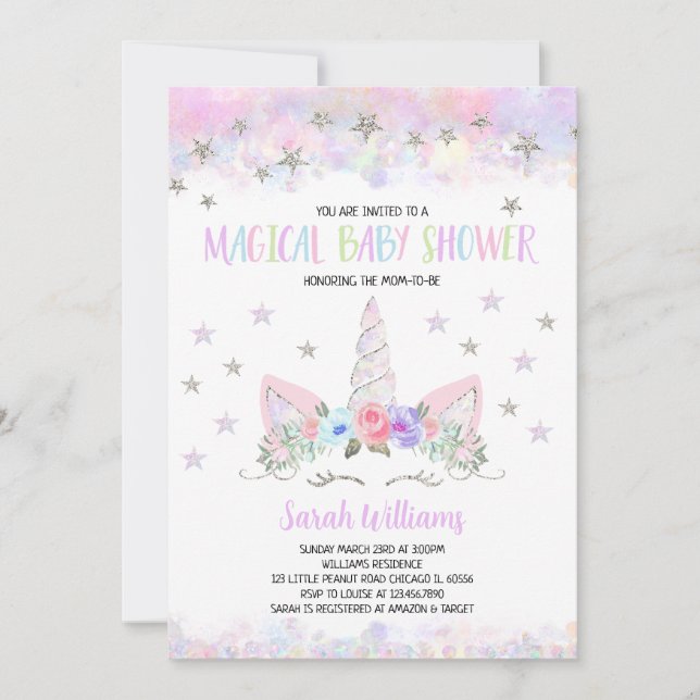 Invitation  Baby Shower Licorne Argent Violet (Devant)