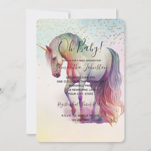 Invitation Baby-Shower Licorne Confetti Dorés Étincelants (Devant)