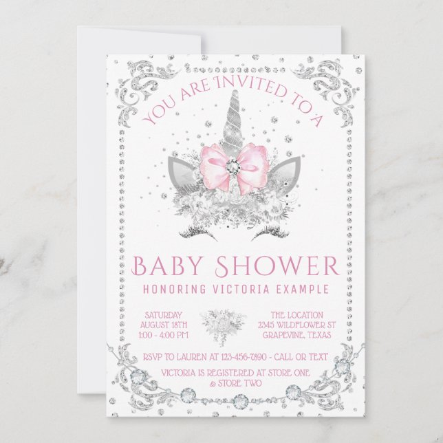 Invitation Baby Shower Licorne Diamant Rose (Devant)