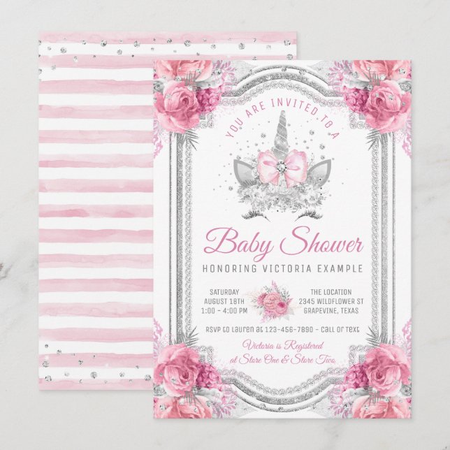 Invitation Baby Shower Licorne Diamant Rose Argent (Devant / Derrière)