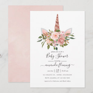 Invitation Baby Shower Licorne Fleurie Rose et Or Rose