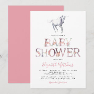 Invitation Baby Shower Licorne Magique   Fille Florale Rose