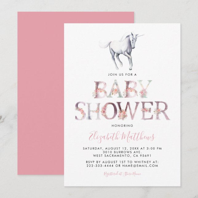 Invitation Baby Shower Licorne Magique | Fille Florale Rose (Devant / Derrière)