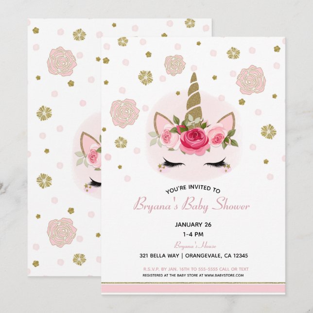 Invitation Baby Shower Licorne Paillettes Or Fleur Glam (Devant / Derrière)