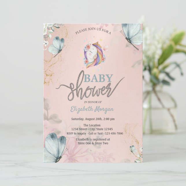 Invitation Baby Shower Licorne Papillons Bleus (Debout devant)