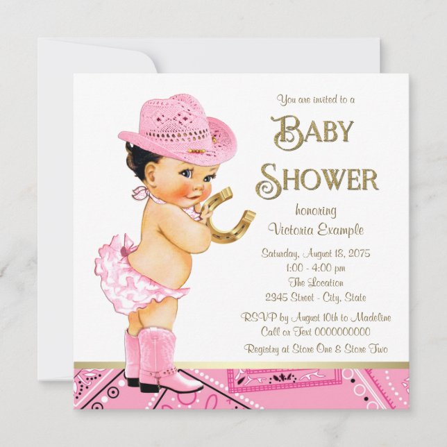 Invitation Baby Shower Licorne Rose en Or Cowgirl (Devant)