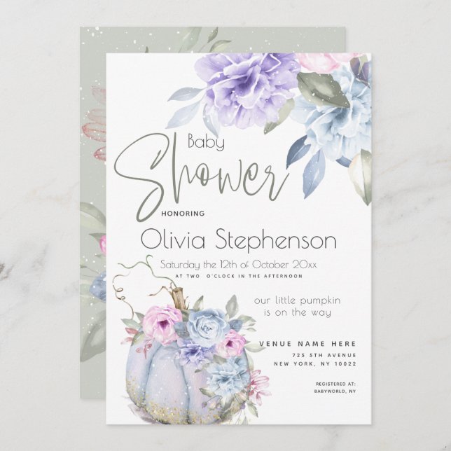 Invitation Baby shower Lilac Blue Citrouille Peony Floral Inv (Devant / Derrière)