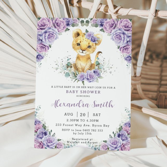 Invitation Baby shower Lilac Floral Adorable Lion Cub (Créateur téléchargé)