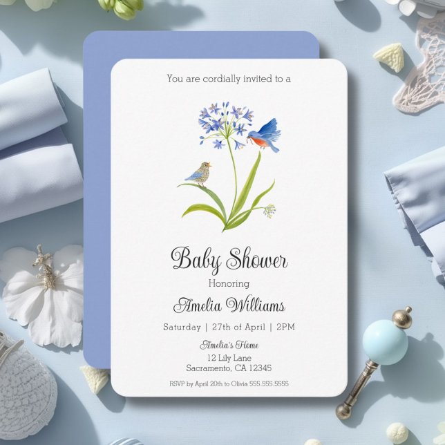 Invitation Baby Shower Lily avec mère et bébé oiseau bleu (Créateur téléchargé)