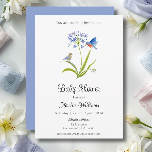 Invitation Baby Shower Lily avec Mère et Bébé Oiseau Bleu  (Créateur téléchargé)
