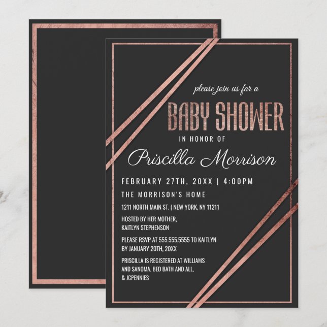 Invitation Baby shower linéaire moderne Black Rose Gold Chic (Devant / Derrière)