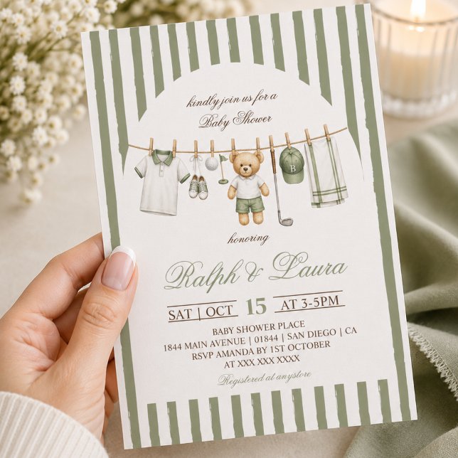 Invitation Baby Shower Linge à vêtements Ours de golf (Créateur téléchargé)