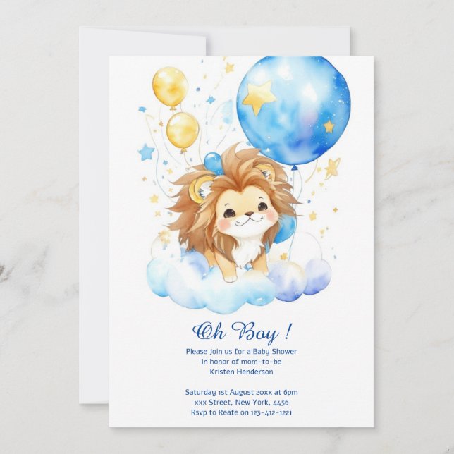 Invitation Baby shower Lion Aquarelle Cute (Devant)