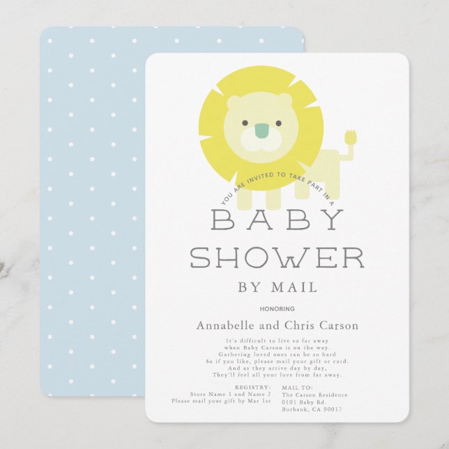 Invitation Baby shower Lion Baby Blue Boy par la poste (Devant / Derrière)