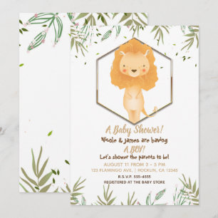 Invitation Baby Shower Lion Mâle Aquarelle Tropicale Mignon