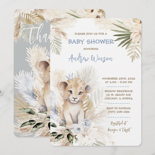 Invitation Baby shower Lion Prince personnalisé (Devant / Derrière)