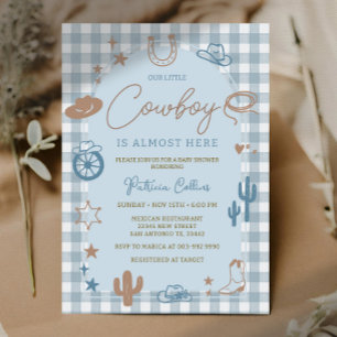 Invitation Baby Shower Little Cowboy Gingham Bleu Far West