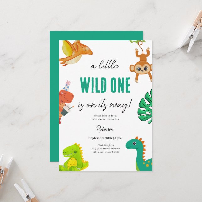 Invitation Baby shower Little Dino (Devant/Arrière en situation)