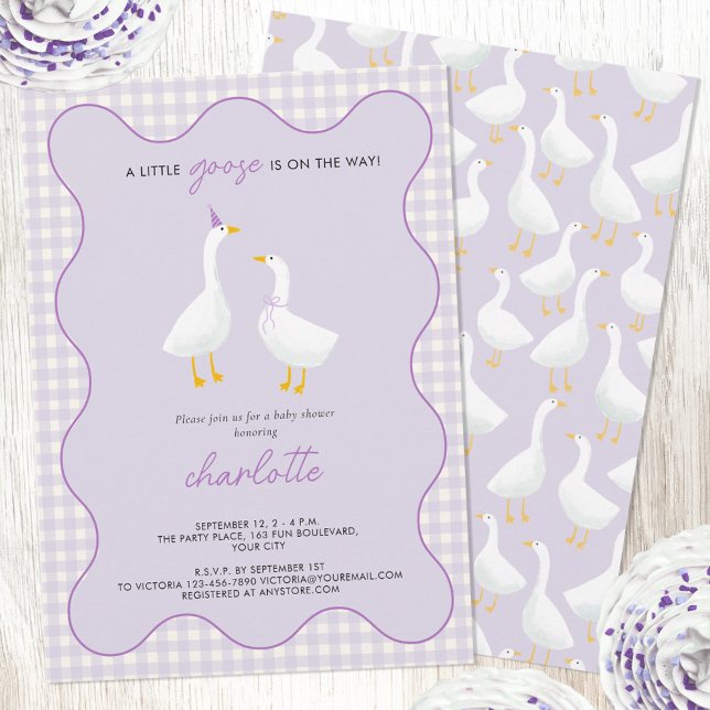 Invitation Baby shower Little Goose En vichy Lilac (A little goose is on the way geese themed pastel lilac purple baby shower invitation)
