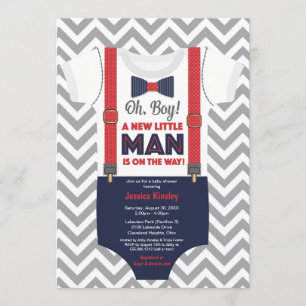 Invitation Baby shower Little Man Boy, bleu marine et rouge