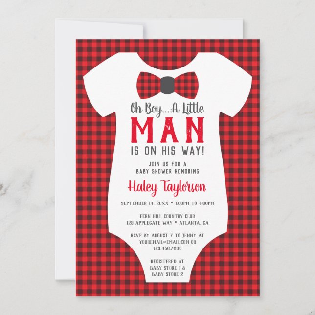 Invitation Baby shower Little Man, Buffalo Plaid (Devant)
