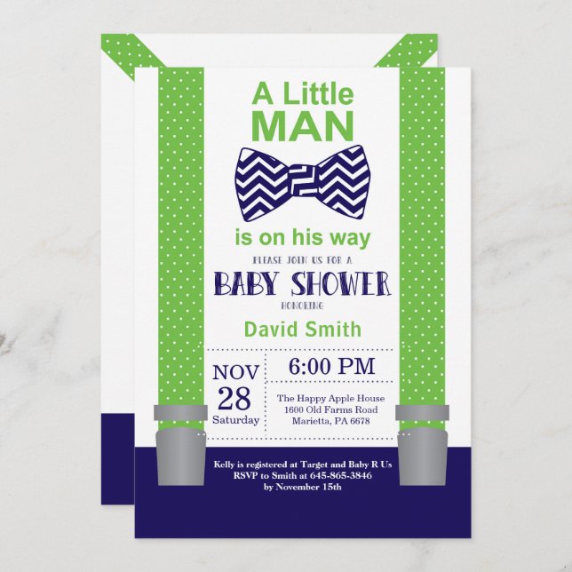 Invitation Baby shower Little Man Marine Blue Gree (Devant / Derrière)