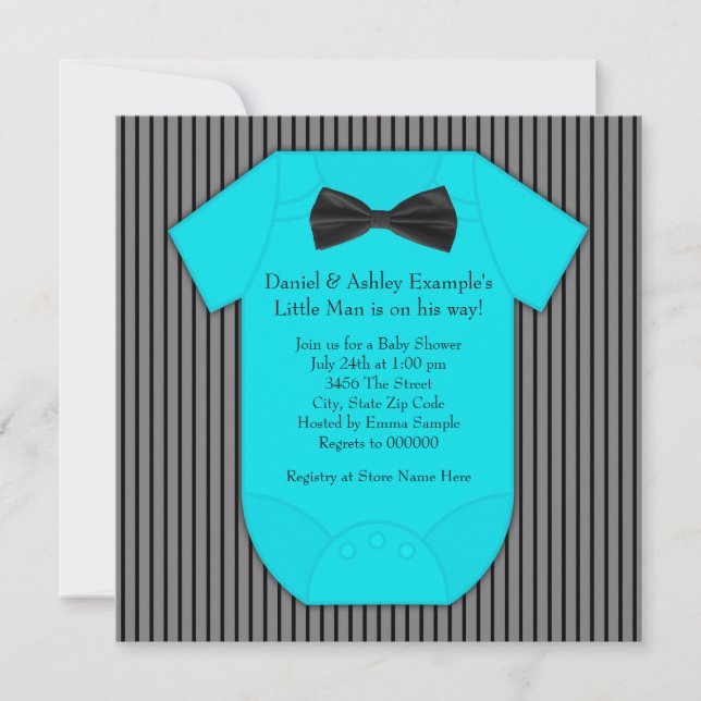 Invitation Baby-Shower Little Man rayure bleue (Devant)