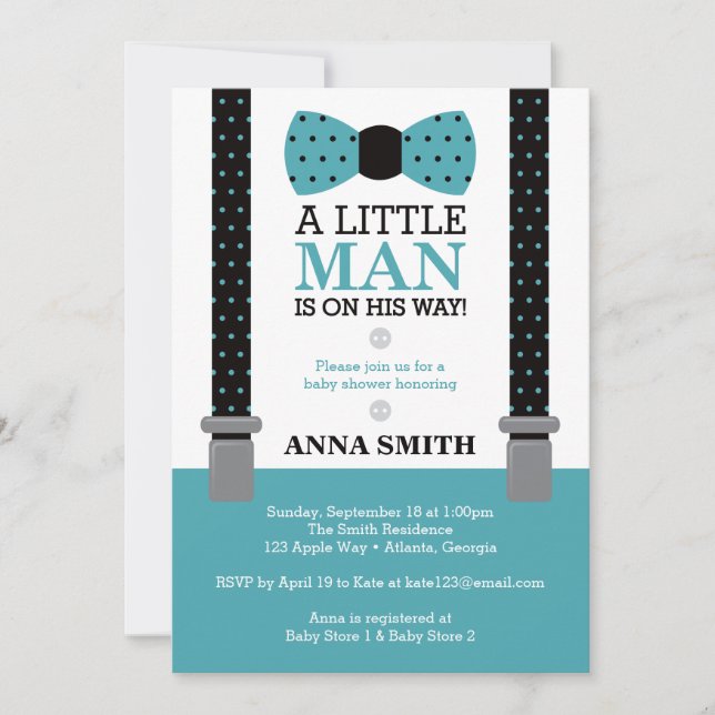Invitation Baby shower Little Man, Turquoise et no (Devant)
