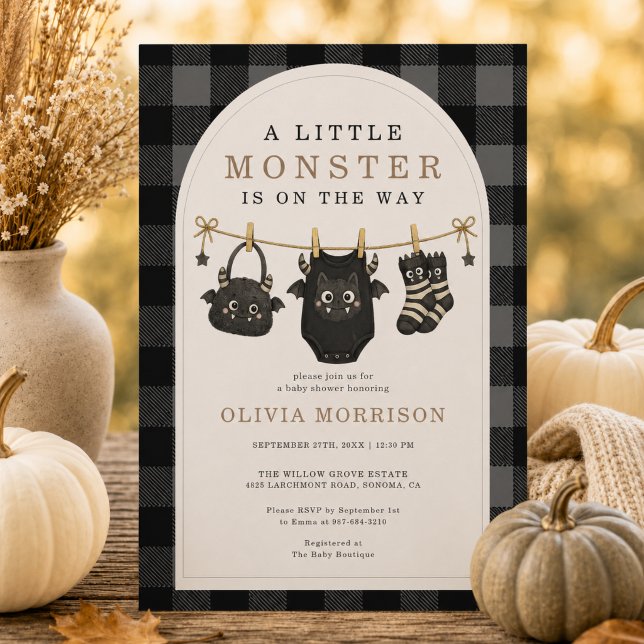 Invitation Baby Shower Little Monster Gingham Linge de Bébé (Créateur téléchargé)