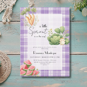 Invitation Baby Shower Little Sprout Gingham Violet Légumes