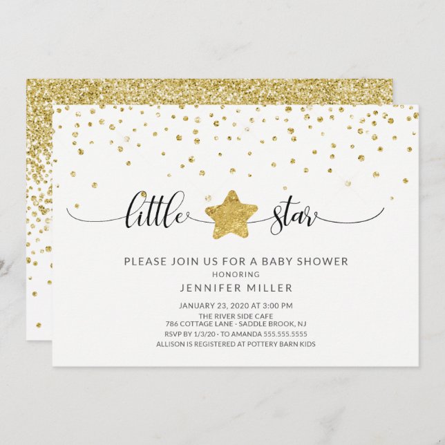 Invitation Baby shower Little Star Gold Parties scintillant (Devant / Derrière)